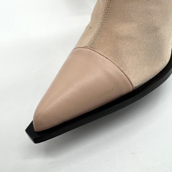 AMIRI Sock Bootie Stiletto Heel Womens 10.5 Tan Neoprene Pointed Leather Cap Toe - Picture 12 of 16